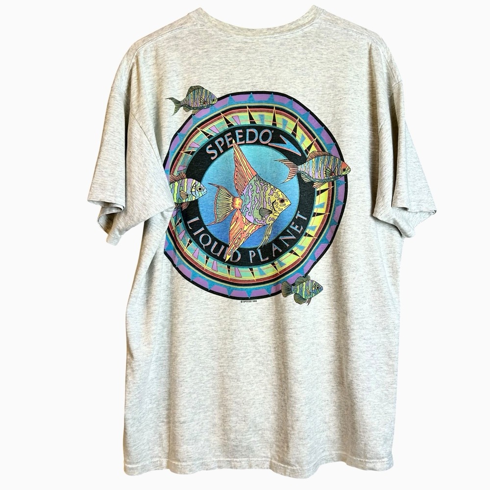 Vtg Speedo Liquid Planet T Shirt Mens XL Gray Fish Ocean 1992 USA Graphic Tee